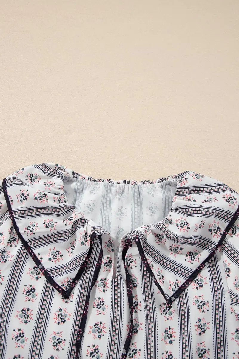 White Floral Ruffled Collar Short Puff Sleeve Blouse - Love Salve